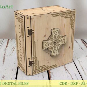 Laser Cut Wooden Book Box for 2 Glasses, Keepsake Box with a celtic ornament