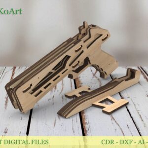 Wooden rubber band gun with stand and targets. Laser cut files