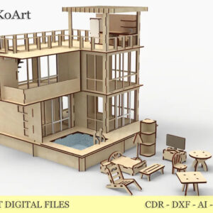 Modern two-story TAKO2 dollhouse with a pool and furniture