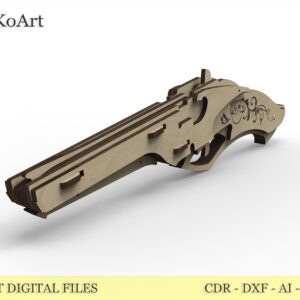 Vintage wooden pistol, rubber band gun and targets. Laser cut files